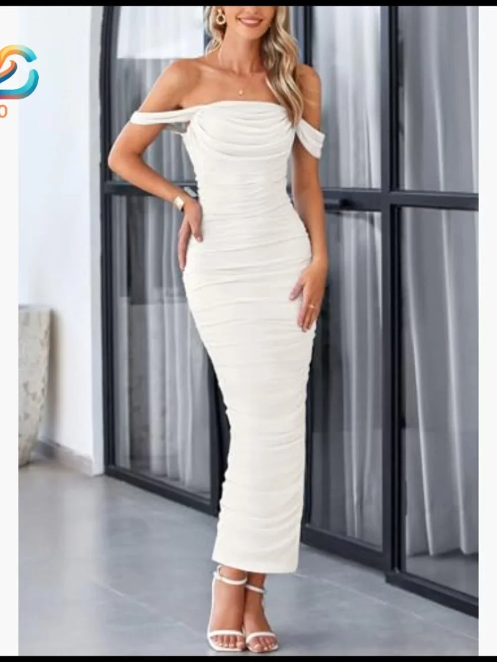 Off Shoulder Ruched Bodycon Maxi Dress Strapless Backless Split Hem - Picture 3 of 7
